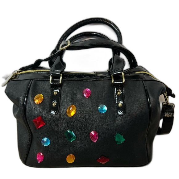 Betsey Johnson Satchel/Shoulder Bag Black Multi Colored Stones - Picture 16 of 16